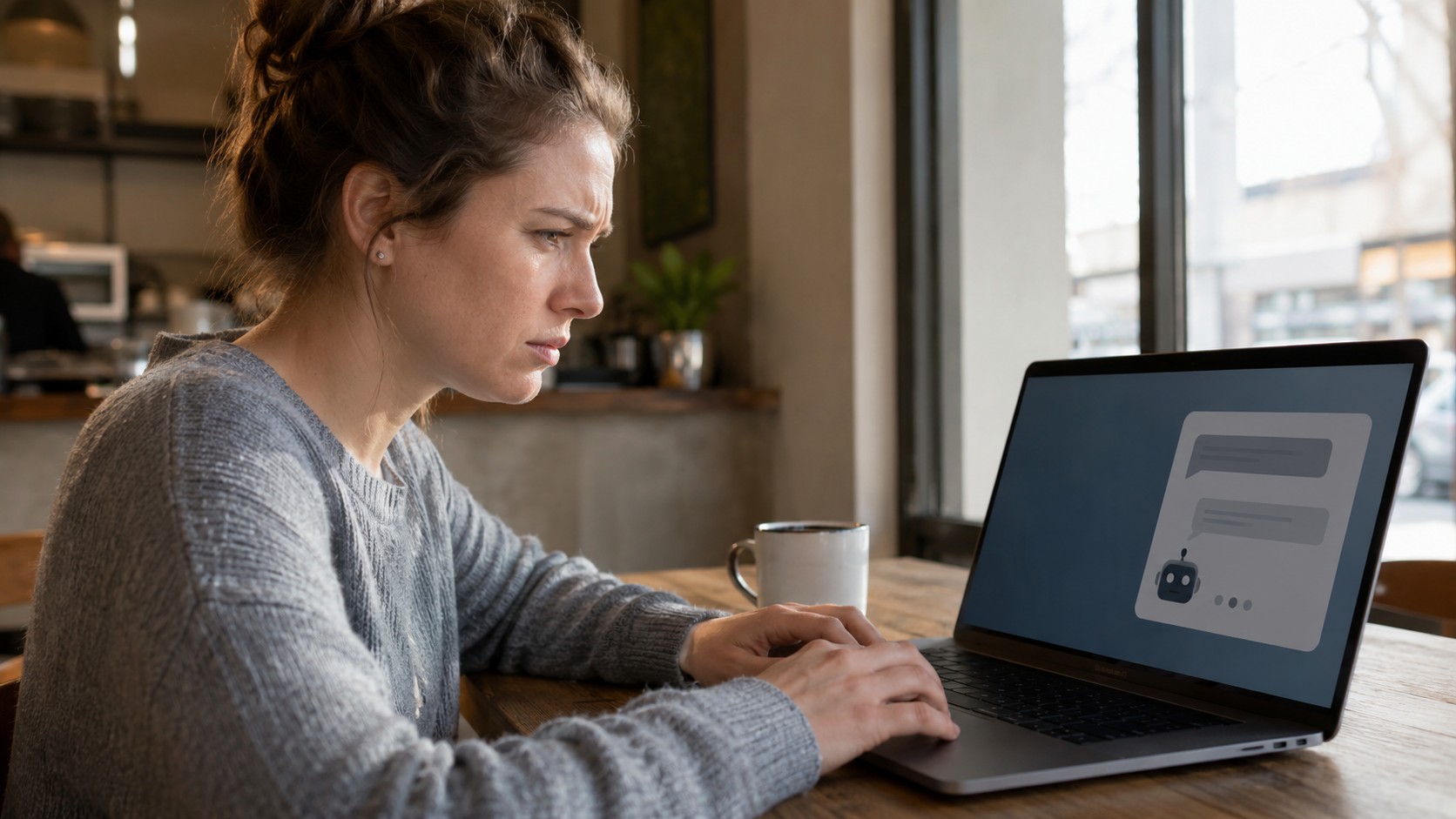 A woman sitting at a table looking intently at a laptop screen which displays a chat interface with a robot icon