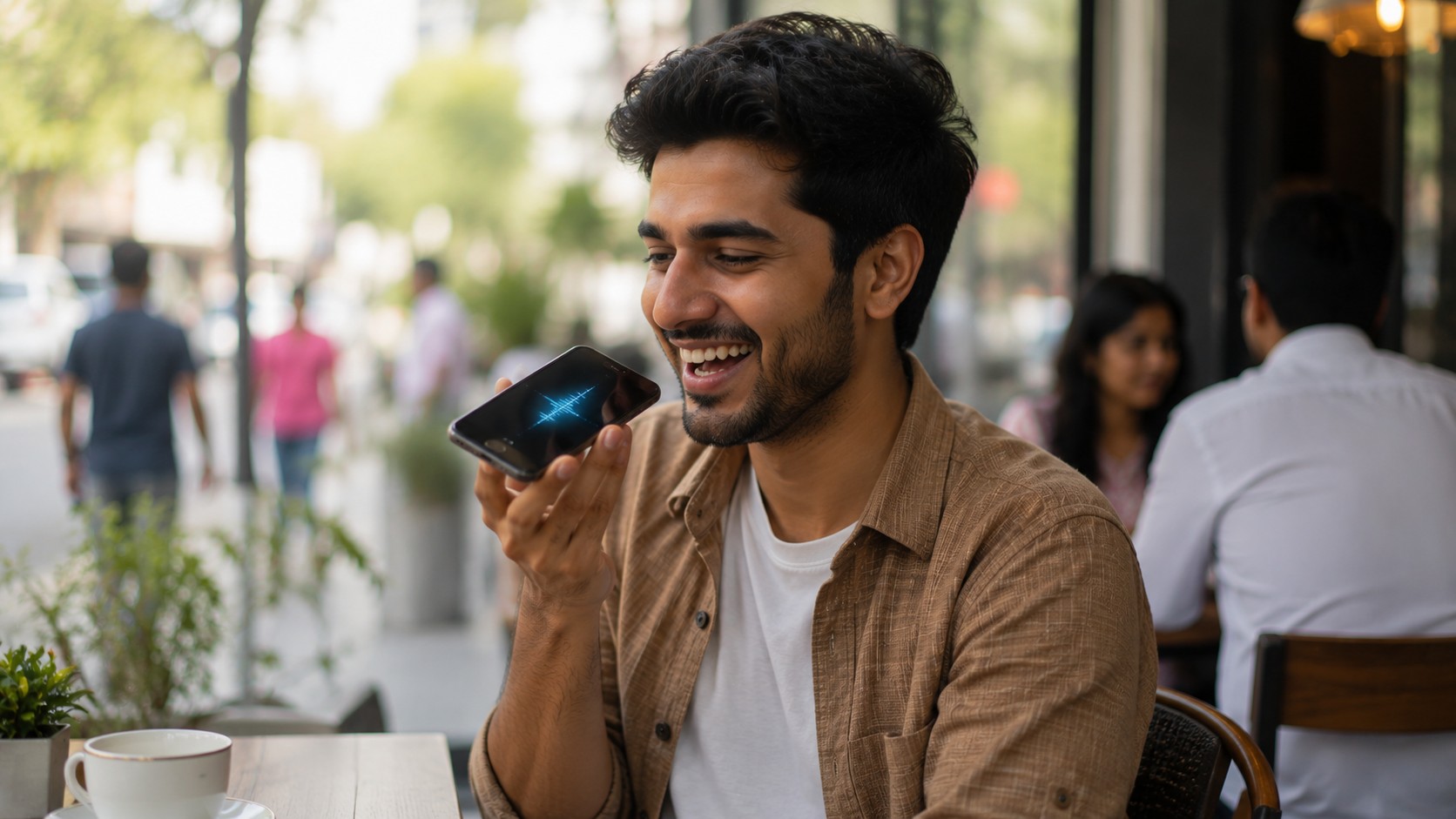 A man smiling while speaking into a smartphone in a cafe setting