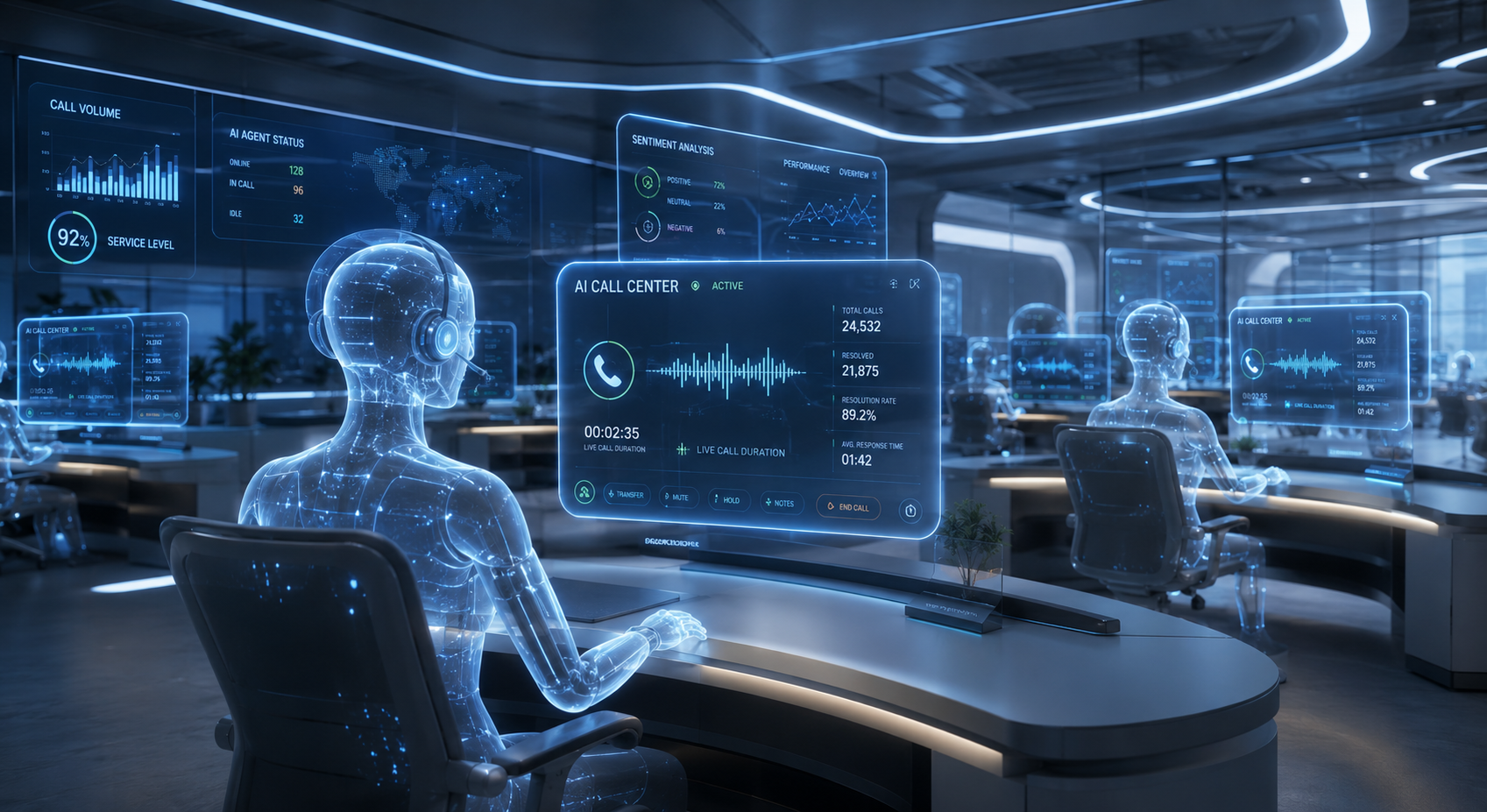 A futuristic digital dashboard interface showing AI call center metrics, including call volume, agent status, sentiment analysis, and performance overview, with a holographic representation of an AI agent working at a desk