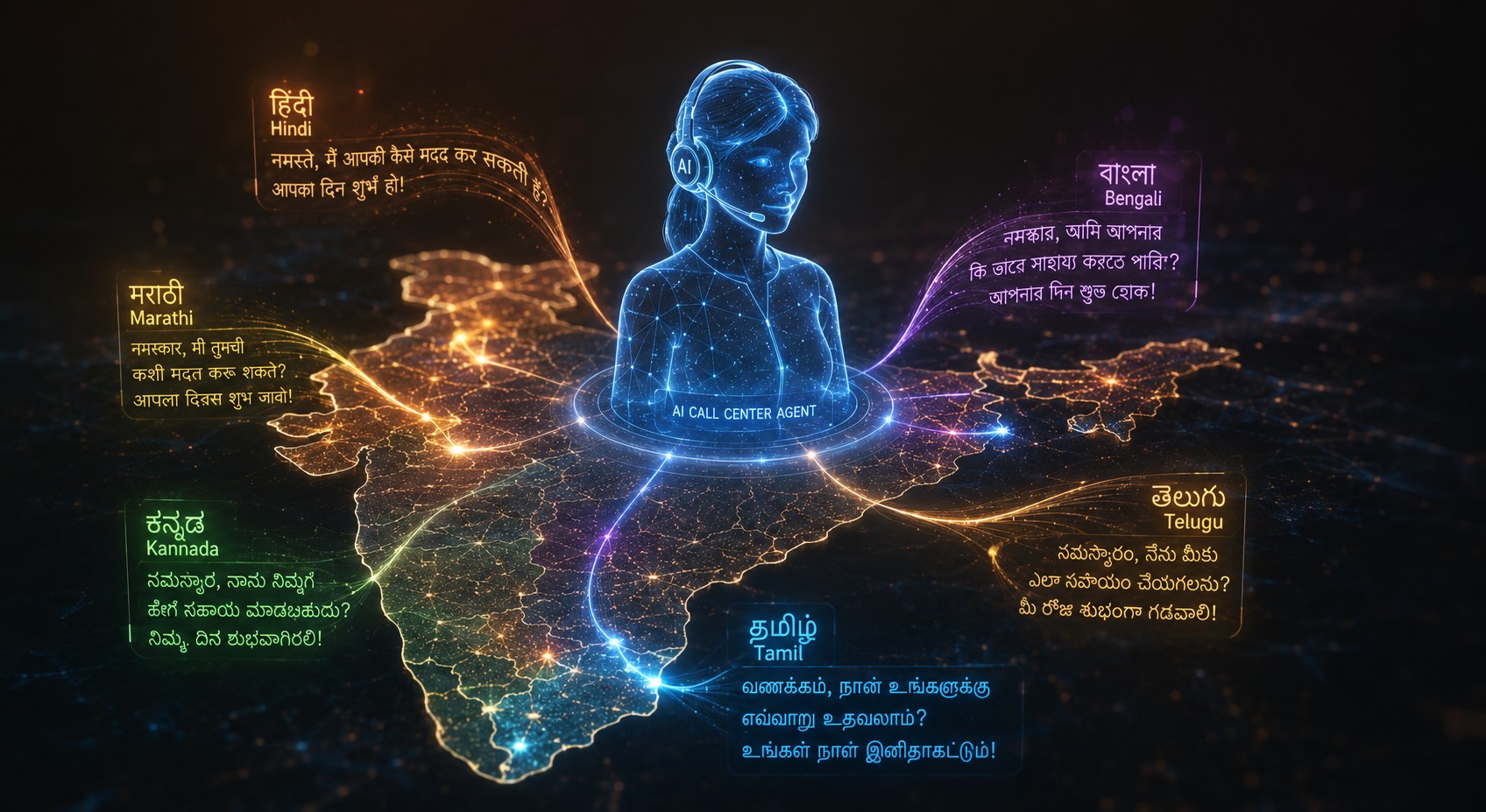 AI call center agent interacting with customers in Hindi, Bengali, Telugu, Tamil, Kannada, and Marathi