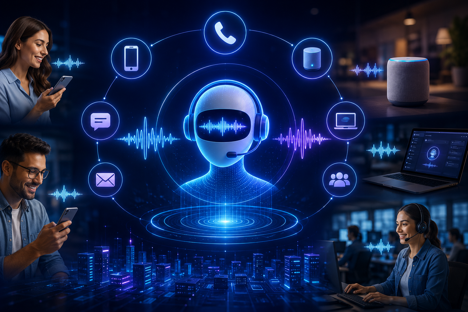 AI voice agent connecting phone, smartphone, smart speaker, laptop and email channels