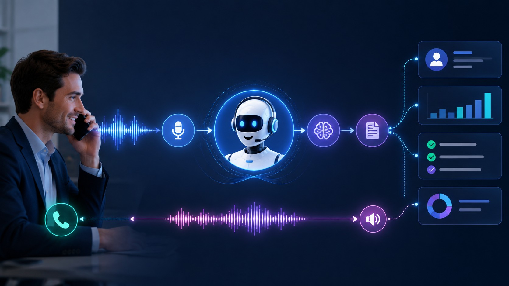 A diagram showing a man on a phone call connected to an AI agent, which processes speech, analyzes intent, and integrates with CRM and calendar tools