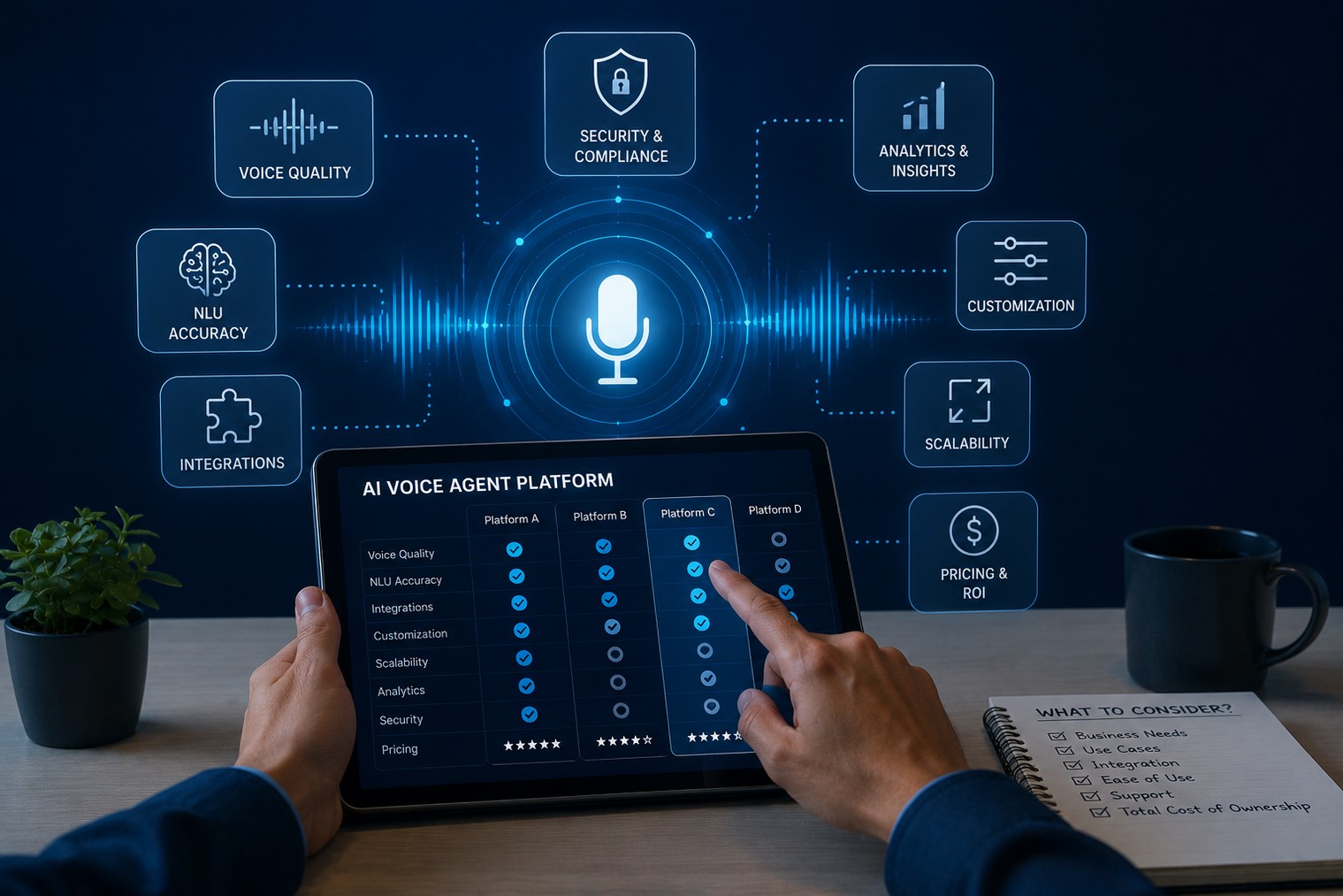 A person using a tablet to compare AI voice agent platforms, with icons for features like voice quality, security, analytics, NLU accuracy, customization, integrations, scalability, and pricing