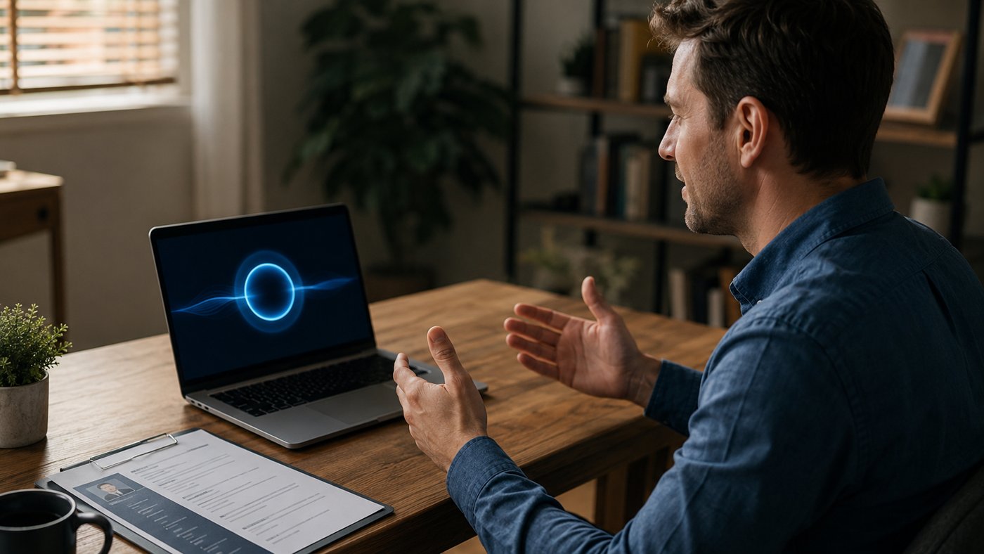 A man sitting at a desk with a laptop, gesturing while speaking to an AI voice interface on the screen