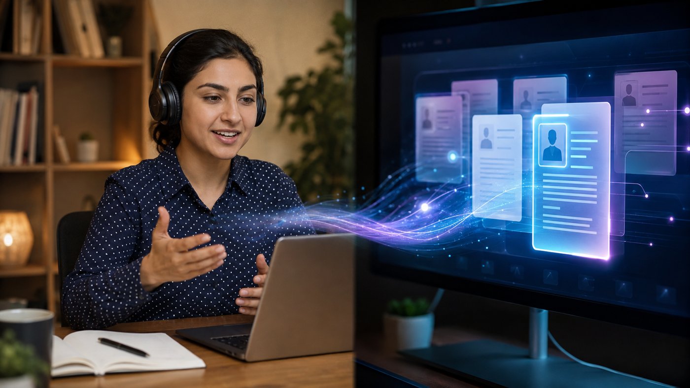 A woman wearing a headset sits at a desk with a laptop, interacting with a digital interface showing candidate profiles