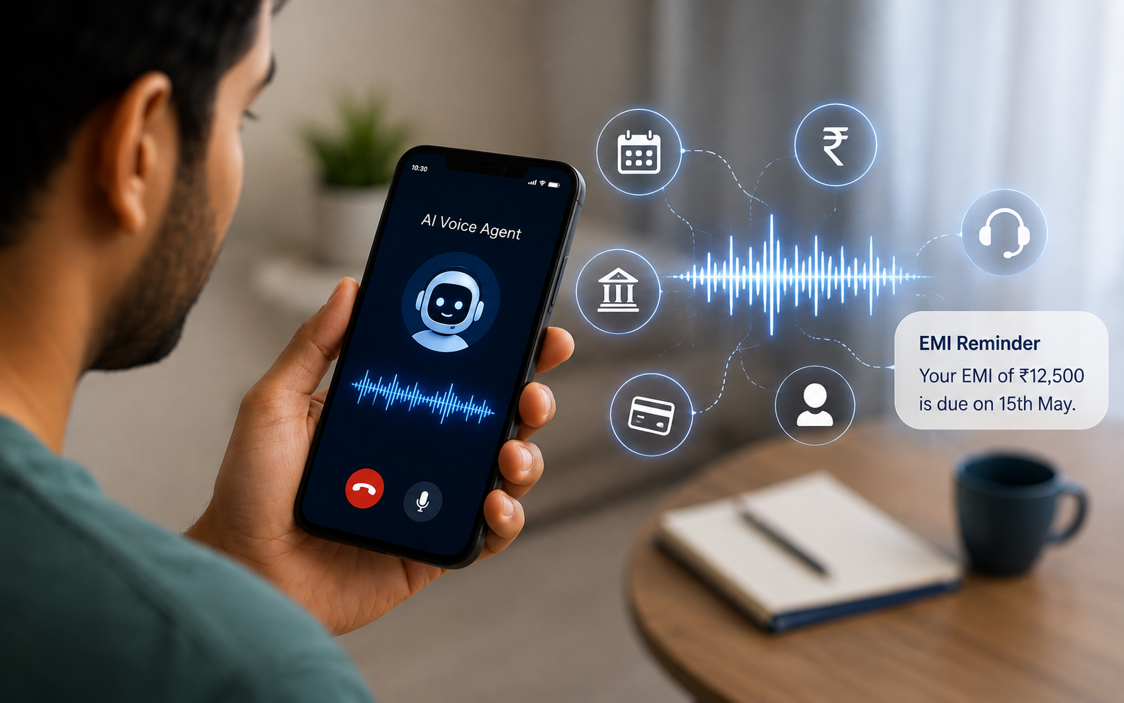 A person holding a smartphone displaying an AI Voice Agent interface with an EMI reminder notification