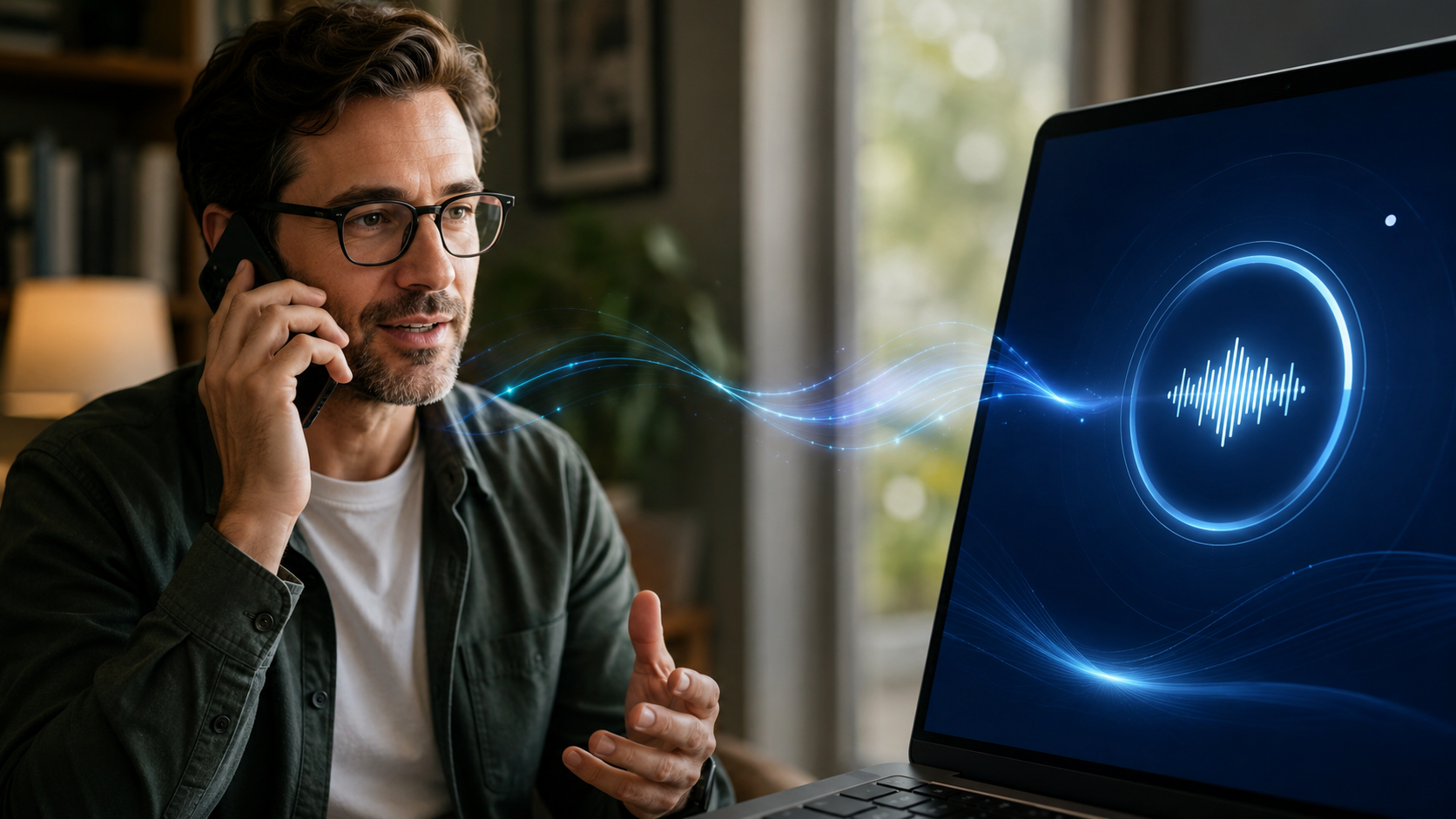 A man talking on a phone while looking at a laptop screen with a glowing sound wave visualization