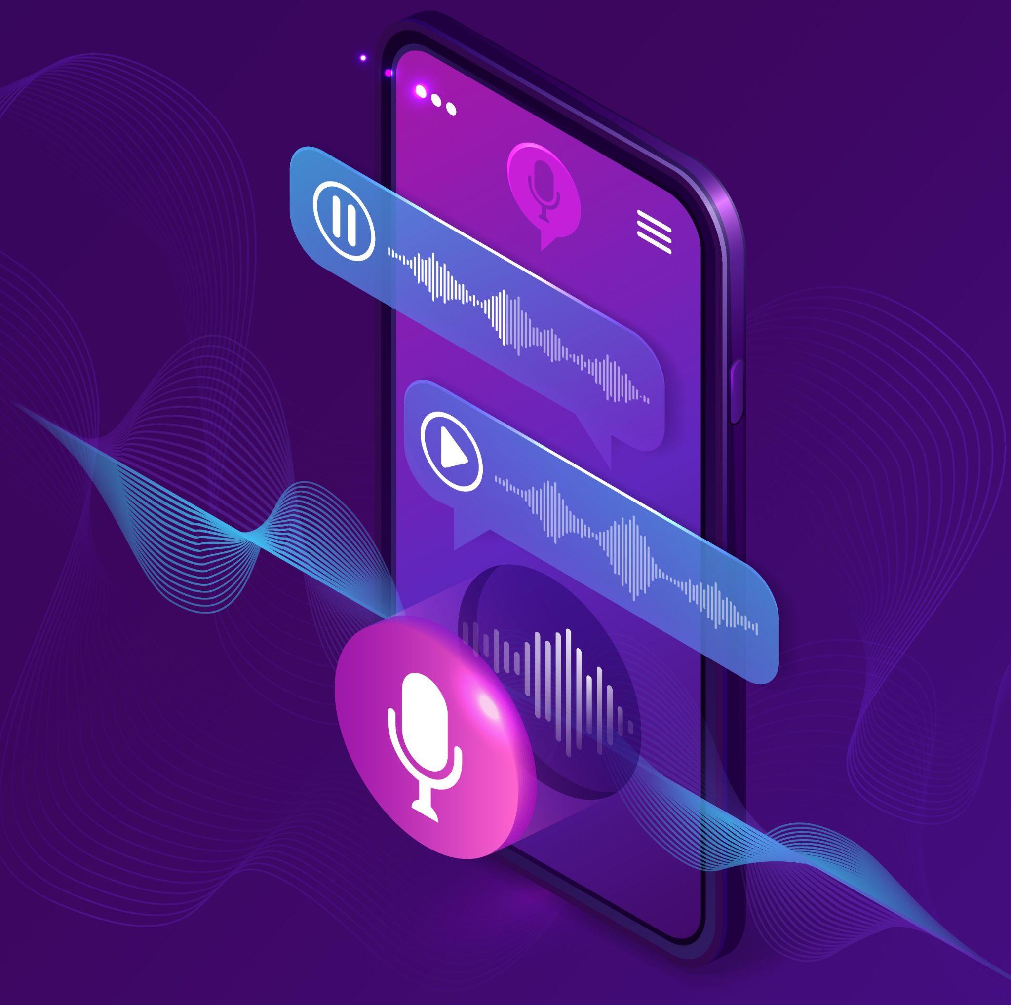 Isometric illustration of a smartphone displaying a voice AI interface with sound waves, microphone icon, and chat bubbles on a purple gradient background