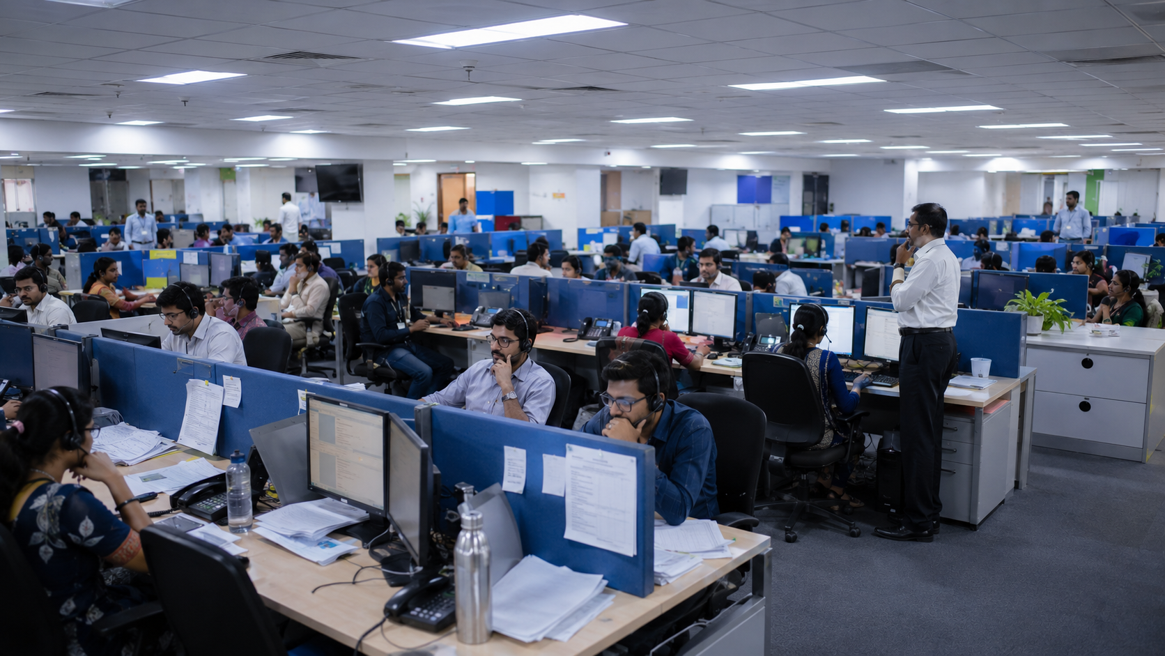 A busy call center office with rows of employees wearing headsets and working at computers