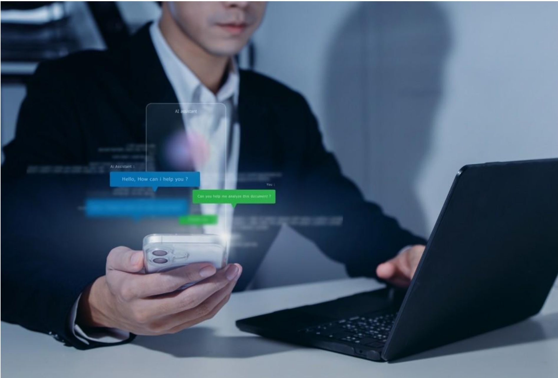 A person in a suit holding a smartphone with holographic chat interface elements floating above it, next to a laptop.