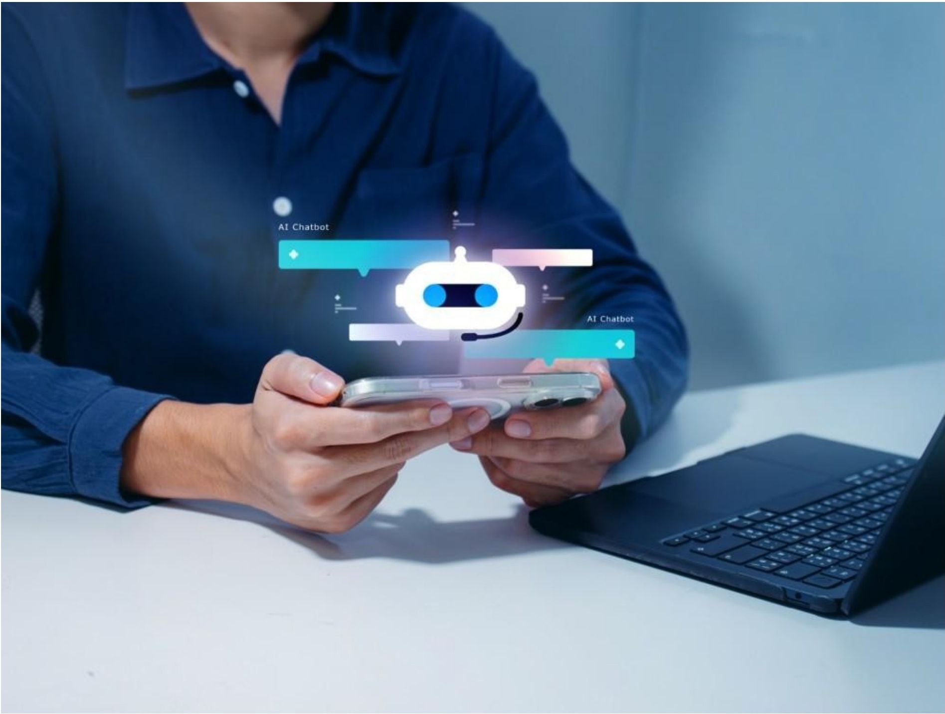A person holding a smartphone with a holographic AI chatbot interface floating above it