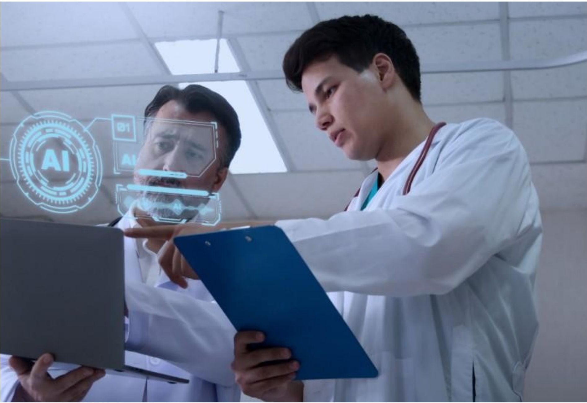 Two doctors looking at a laptop and clipboard with AI interface overlay
