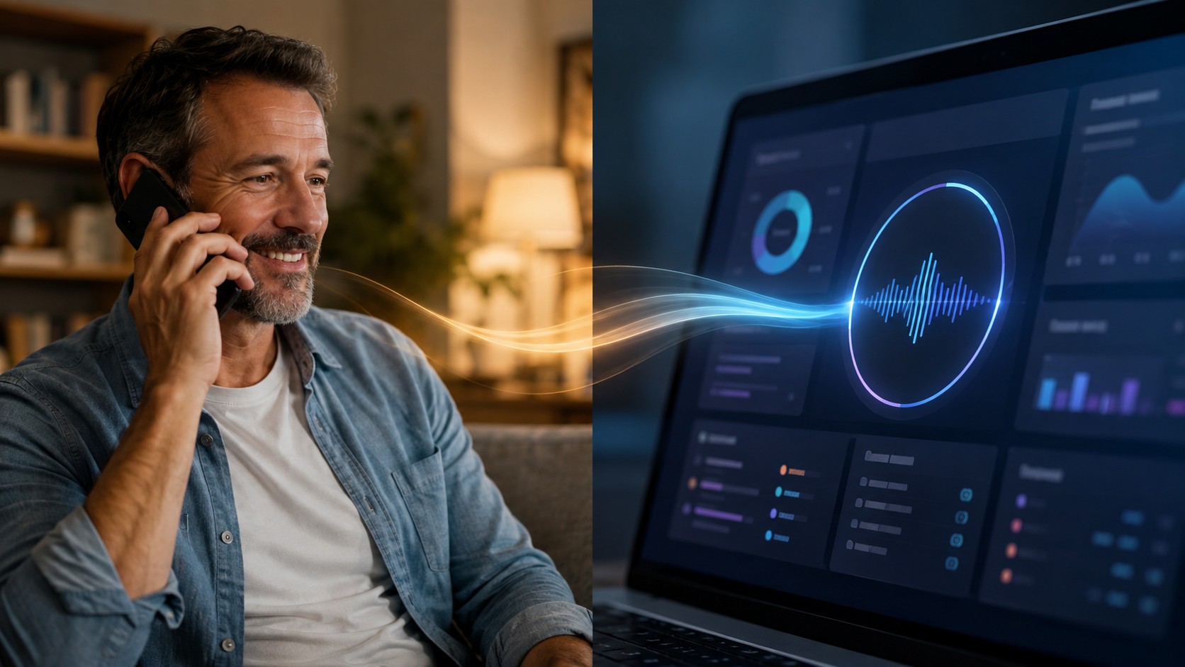 A man talking on a phone with a digital visualization of voice data connecting to a laptop screen showing analytics