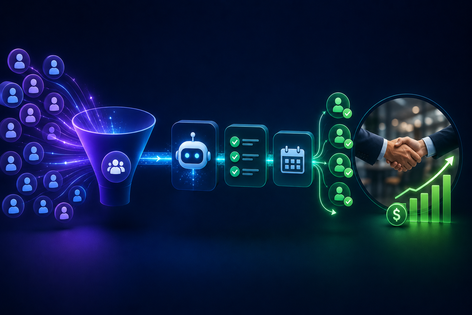 Illustration of an AI-powered lead generation funnel with connected nodes representing automation and CRM workflows