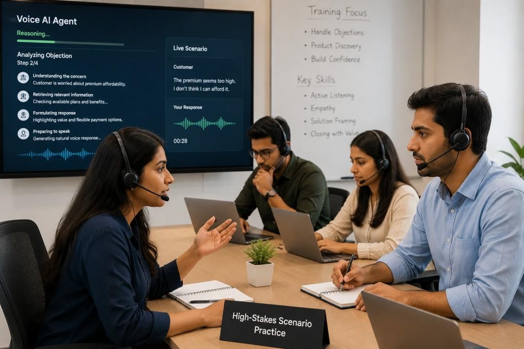 Enterprise team practicing high-stakes scenarios with a voice AI training agent