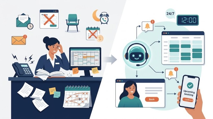 Comparison showing an overwhelmed receptionist managing manual bookings versus an AI booking agent automating schedules and mobile confirmations 24/7