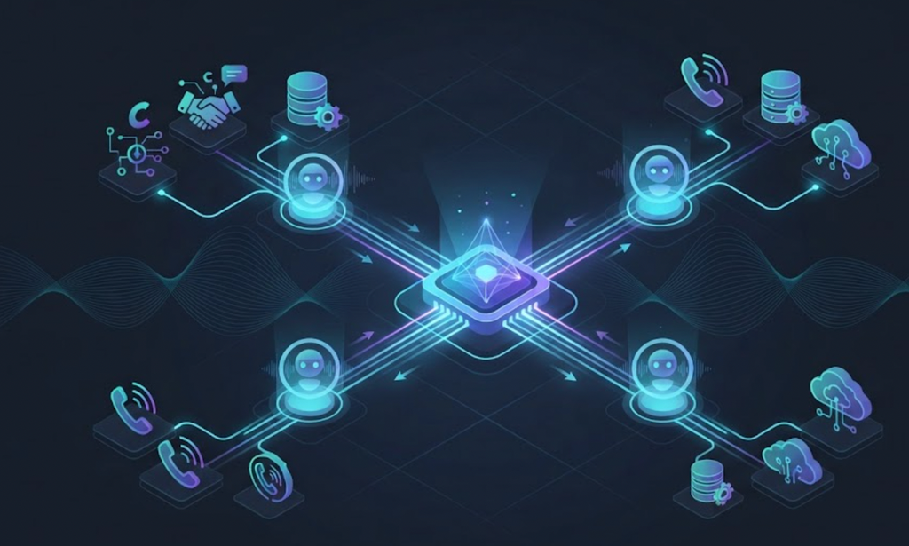 AI voice agents connected to a central platform, phone systems, and cloud data