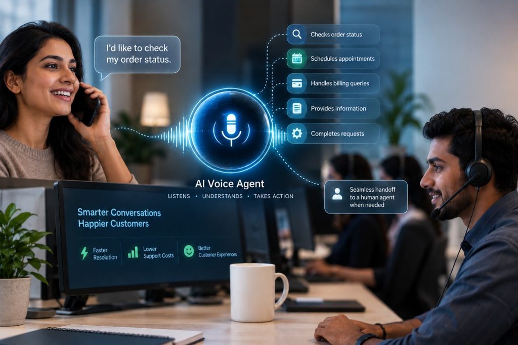 AI voice agent assisting a customer call with human handoff
