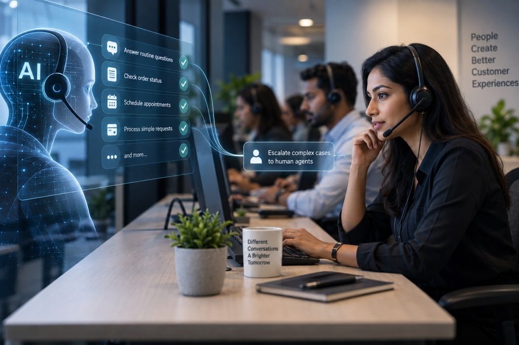 AI voice agent and human support agent working together in a call center