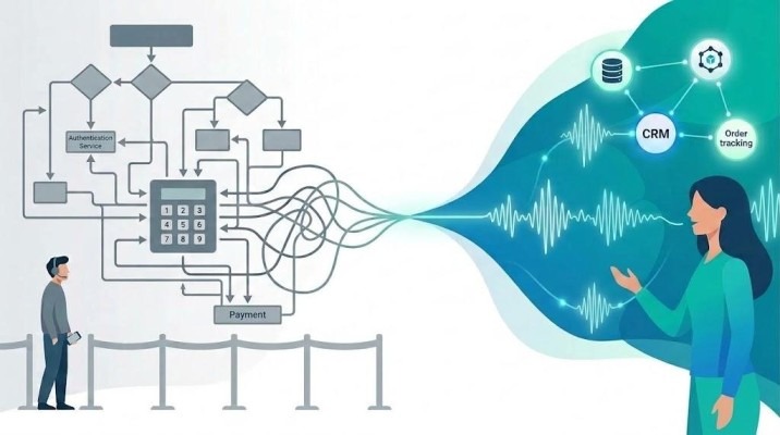 Complex legacy IVR phone tree contrasted with conversational AI voice assistant