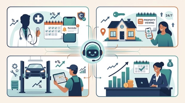 Central AI booking agent managing automated appointment scheduling across healthcare, real estate, auto repair, and financial services.