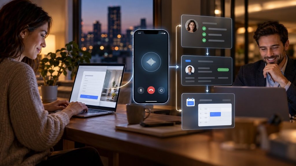 AI phone call workflow routing customer data to contact profiles and calendar scheduling